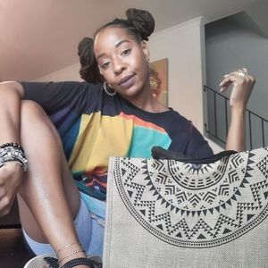 Womens | Juniors BURLAP. BOHO TOTE BAG with Black Tribal print NWOT